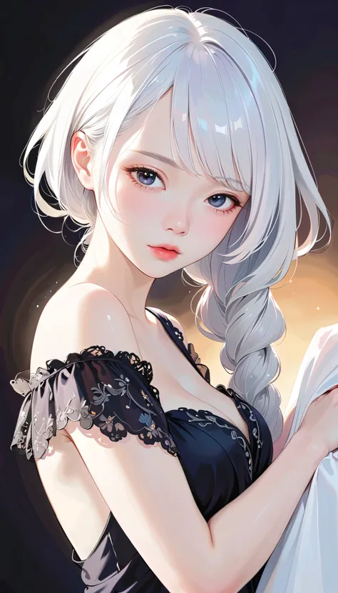 1girl, Alone, Chest, Viewer, black eyes, simple background , white background , large breasts, Lazy, Half-closed eyes, silver hair, evening dress, upper body, Open clothes, Flip hair, abdomen, From the side, open scarf , Lips, black evening dress, comp...