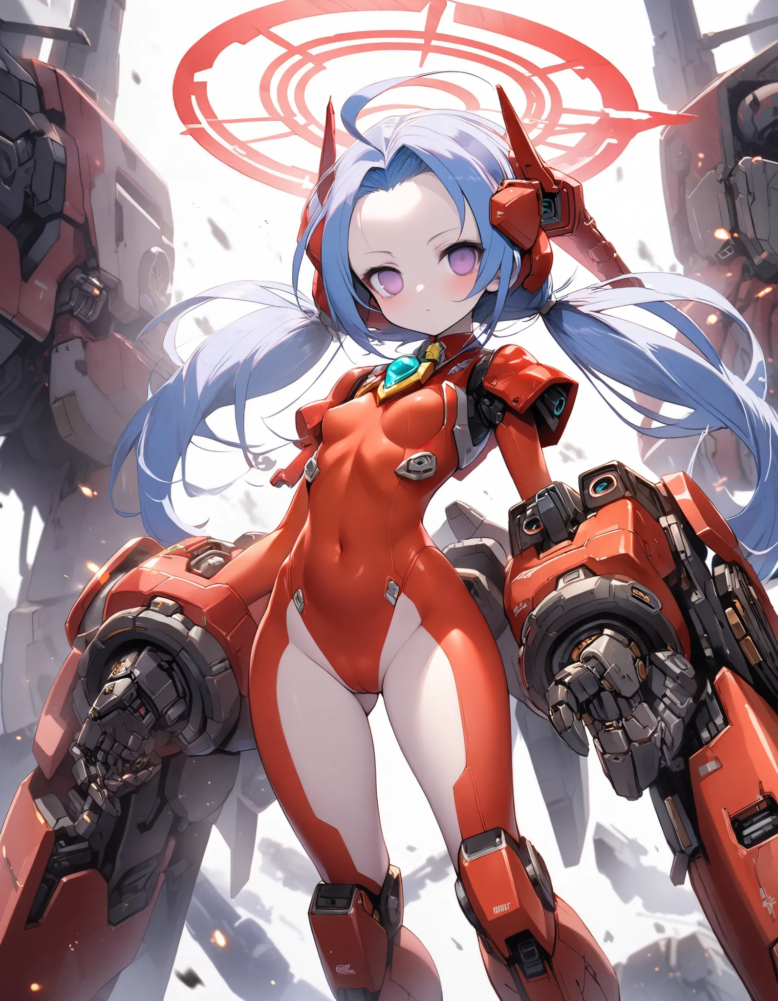 1girl,mecha musume,(mecha hand:1.1), light purple eyes, bright light blue hair,short hair, (low pigtails:1.2), (forehead:1.2), (...