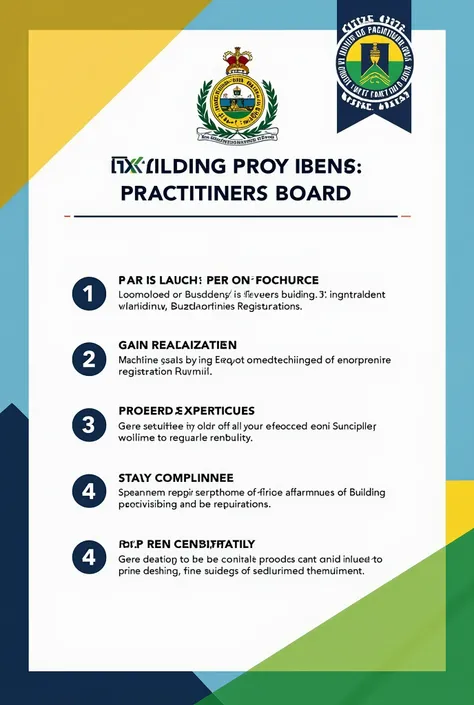 Use Jamaica government Logo. Poster with the title "The Building Practitioners Board" outlining that registration will be coming soon. Highlight the following bullet points: 1 Gain Recognition 
2 Prove Expertise
3 Build  Trust
4 Stay Compliant
5 its Requir...