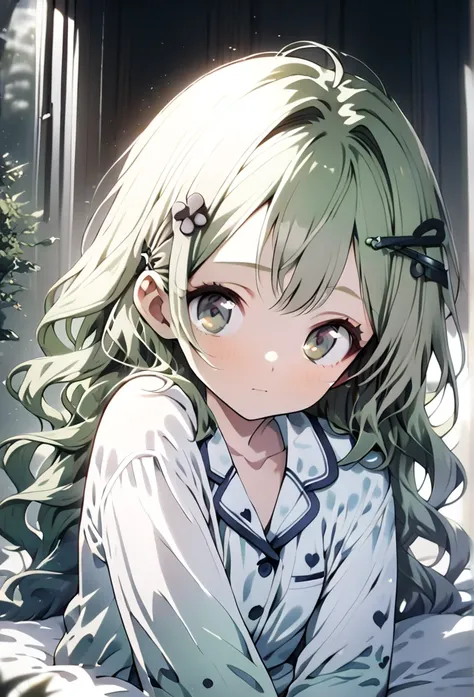 (Cute a girl:1.5), (a girl with closs hair pin, green long wavy hair, green eyes, a girl is wearing a white and navy blue pajamas,look at viewer:1.4), (masterpiece:1.3),  anime visual , (Lovey-dovey:1.5), (tilt head:1.3), extremely delicate face, soft clea...