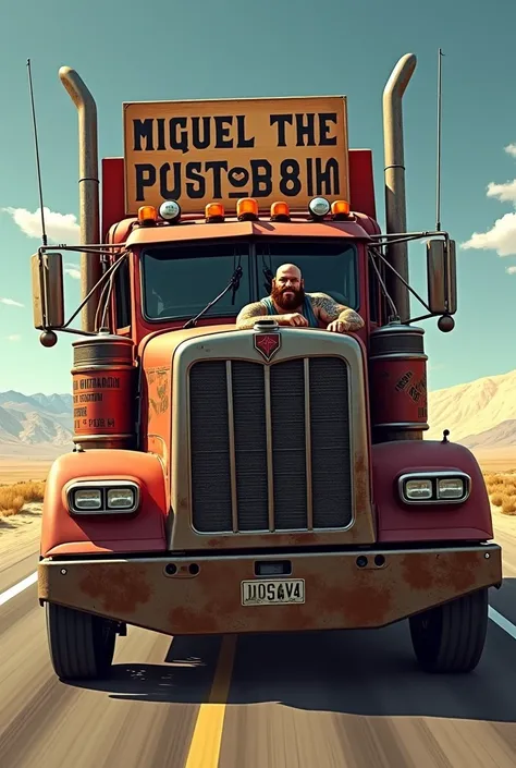 Fat trucker with a beard and tattoos on his truck driving it and behind a sign that says the name of Miguel the pistolas86 in Spanish