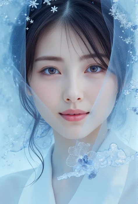 A fein-art-Portrait of an east-asian woman, (( smiling :1.5),gently and entwined with delicate motifs symbolizing interkit cravings, baby blue and white palette, hyper-realistic, focused on textural intricacies, fine details, natural light, ultra fine, dig...