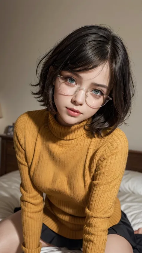  High Definition , 8K quality,  masterpiece, velma, Huge dream girl  ,  beautiful face , kiss the lips,  short bob hair style , Flequillo largo,  perfect makeup ,  realistic face, detailed eyes,  green eyes, Cabello castaño, eyelashes, Smile grimace, bedro...