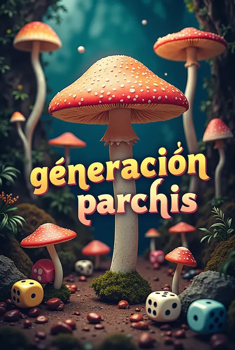 Image that says “Generación Parchis” in Spanish with a background of Mushrooms and Dice 