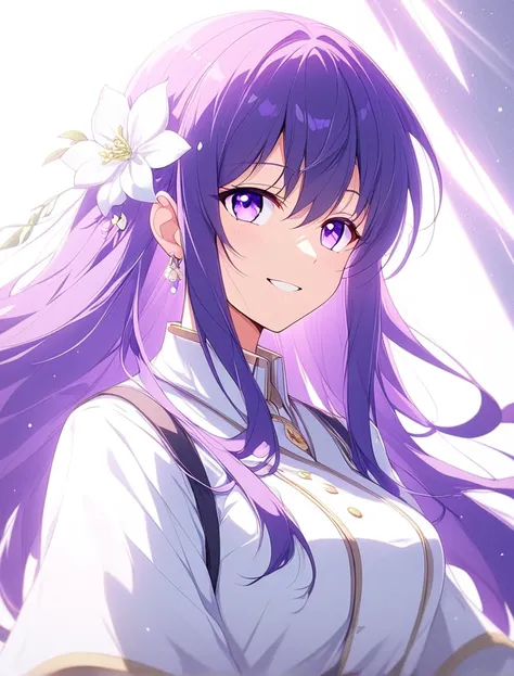 Long hair,  high resolution , Purple Hair , smile, Purple eyes,  mineralization shadow (Texture), Flickering Light , Rays of light,  anime style , Sipass Tale Anime,  Mature,  gentle eyesight 