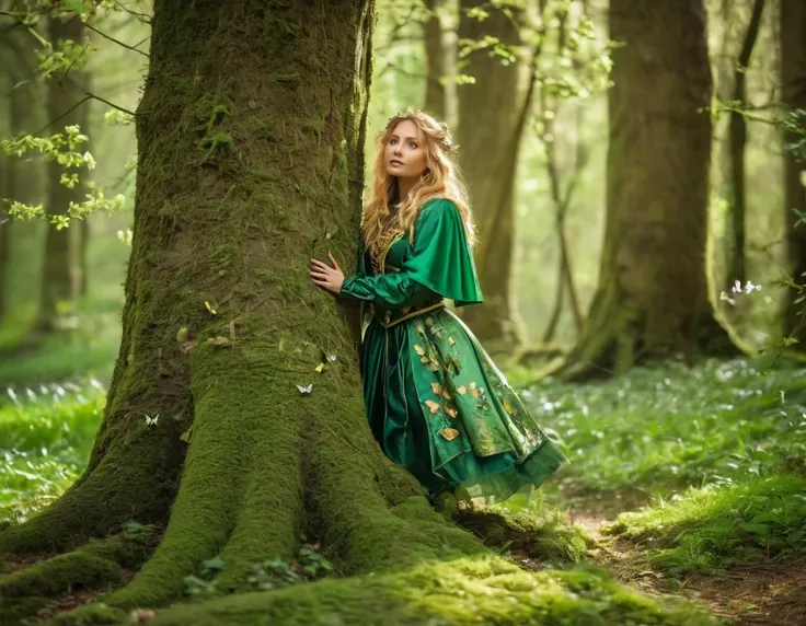 small woman in the forest, hiding behind big tree, green medieval outfit, spring, butterflies, mystical atmosphere, golden hair, short legs and arms, hiding