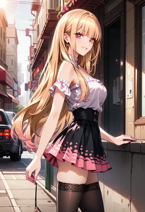 score_9, score_8_up, score_7_up, rating_questionable, 1girl, solo, beautiful waifu, thicc, very sexy (Marin Kitagawa, KitagawaMarin, pink eyes with black outline, light blonde hair, straight hair, straight bangs, long hair, pink nails:1.4), smiling, (mini ...