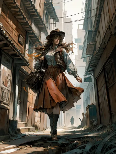 A Western Scene from the 1870, female long brown hair, head down hide by her hat, walking in the middle of the dirty town in 1880s, she is a doctor as the dr Quinn style, wearing a doctors bag,  in a old street town in the paramouth ranch colorado." The sc...