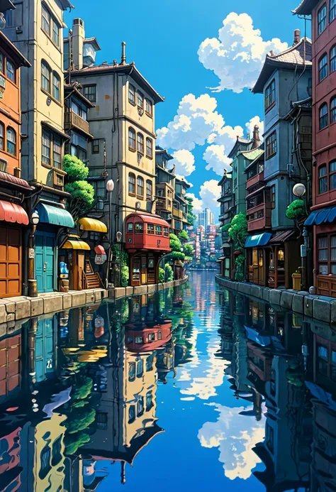 a City Reflection on Water, by Studio Ghibli Style, Ghibli color, Miyazaki Hayao style.
best quality, masterpiece, intricate details, ultra-detailed