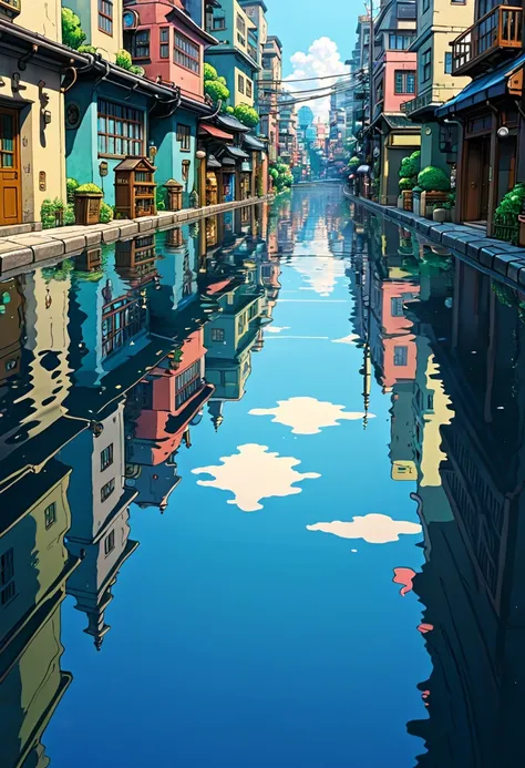 a City Reflection on Water, by Studio Ghibli Style, Ghibli color, Miyazaki Hayao style.
best quality, masterpiece, intricate details, ultra-detailed