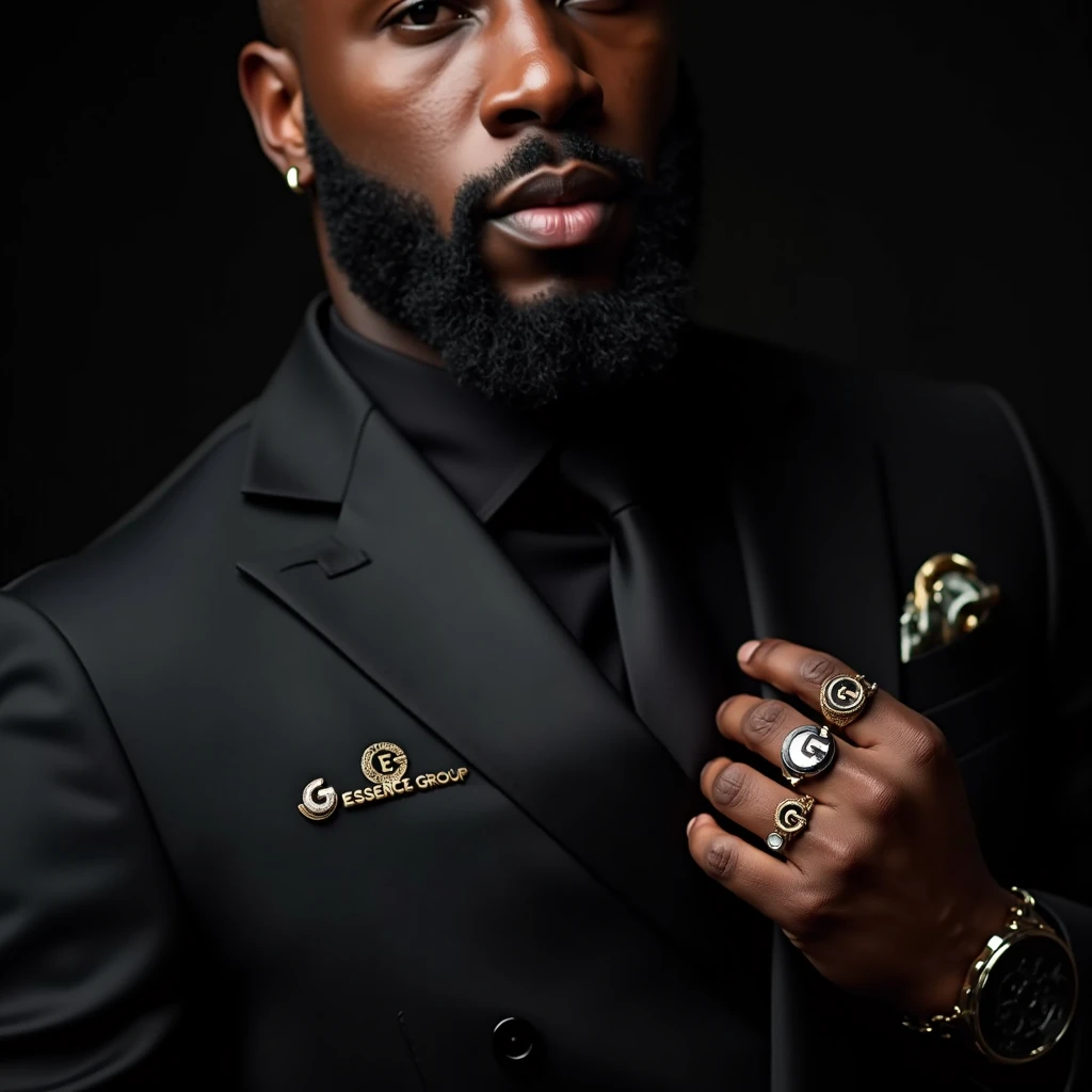 Portrait Deep focus Black lighting Hyper-detailed Black man wearing a suit with masculine brooches, one of de brooch clearly says "ESSENCE GROUP". THE MAN IS UPCLOSE ONLY SEEING IS BEARD, HIS SHOULDERS AND HIS MIDDLE BODY, YOU DONT SEE HIS FACE, YOU SEE HI...