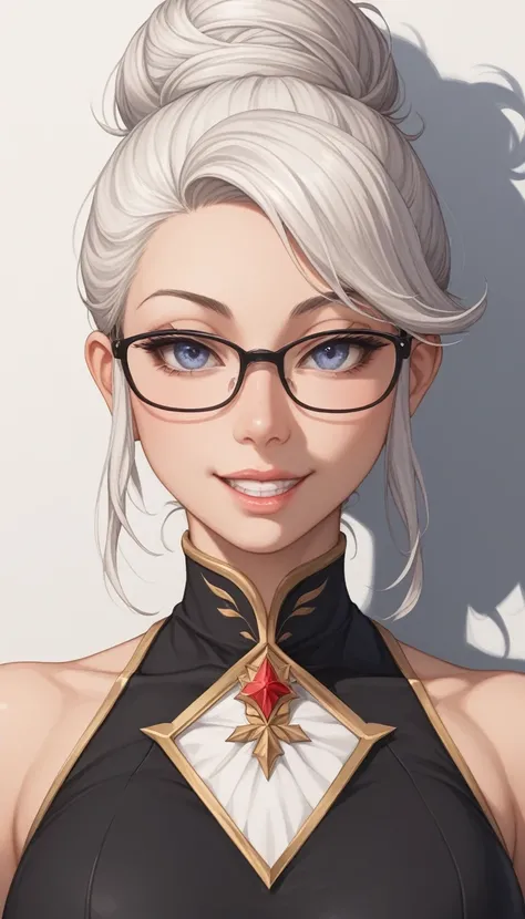 （（（black bodysuit，（（（Shiraki Meiko，hair bun, glasses，White hair，））），((masterpiece)),high resolution, ((Best quality at best))，masterpiece，quality，Best quality，（（（ Exquisite facial features，looking at the audience,There is light in the eyes，Happy，**********...