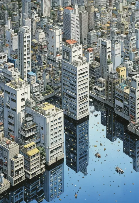 a City Reflection on Water, by Katsuhiro Otomo.
best quality, masterpiece, intricate details, ultra-detailed