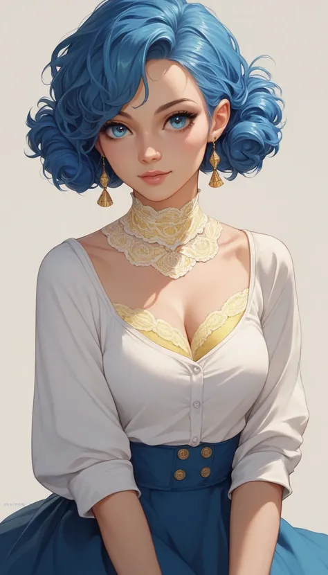  a cute girl beautiful attraction big chest blue hair Caribbean short round wearing shell hair her bright blue eye she dresses in a white shirt yellow lace thread collar and her long blue skirt sea shape yellow heel,