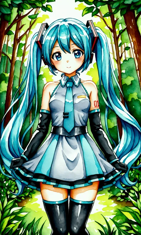 pixelart++, 8bit+++, pixel style++, hatsune miku, cute girl, fantasyarmor, azure blue eyes, big eyes, wonderful forest, thighhighs, eyebrows visible through hair, hair ornament, traditional media, watercolor painting, gloves, dress