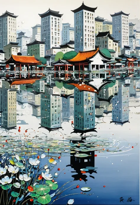 a City Reflection on Water, by Wu Guanzhong.
best quality, masterpiece, intricate details, ultra-detailed