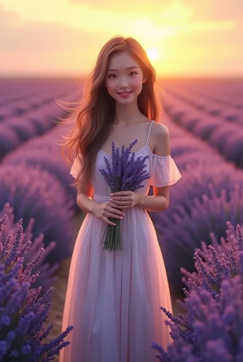 "A photorealistic image of Amora standing gracefully in a vast lavender field under a warm, glowing sunset. Her hair flows in the gentle breeze, adorned with small lavender blossoms, and her gown appears to be woven from soft petals. She holds a bouquet of...