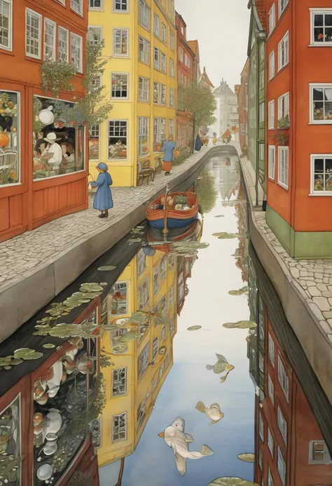 street Reflected clear on Water, by Elsa Beskow.
best quality, masterpiece, intricate details, ultra-detailed