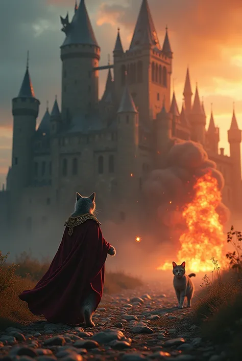 **Translation into English:**

A dynamic scene features a gray cat sneaking stealthily through a mystical setting, with a massive dark castle in the background. Suddenly, the cat transforms into a majestic wizard cat, wearing a long dark red tunic with gol...