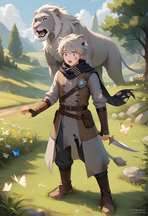 ((masterpiece)), 1boy, standing, surprised, butterfly on nose, grey lion ears, grey lion tail, torn scarf, black scarf, dirty scarf, Riveted Leather clothes, medieval clothes, alone, dagger on back, cute, ((very young)), squinting eyes to look at butterfly...