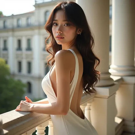 young girl, girl with dark brown hair she has huge tits, have swollen tits perfect female body big breast perfect female body, big breasts  she leans against the railing of an elegant balcony, standing backwards. she is wearing a white dress with a cutout ...