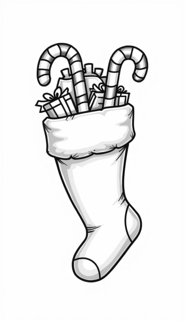 A Christmas stocking filled with candy canes and small toys coloring page for s a simple drawing completely empty of colors on a white background without distortion or grey
