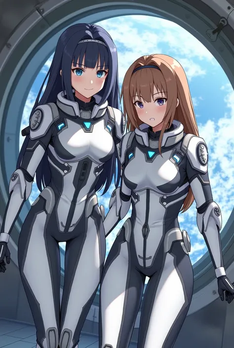 masterpiece:1.4, masterpiece, Highest quality, high resolution, newest, 2girls, friends, (group shot):5, (upper body):5, kyoto animation style, detailed, BREAK space station interior, zero gravity environment, floating, BREAK (white and black mechanical sp...