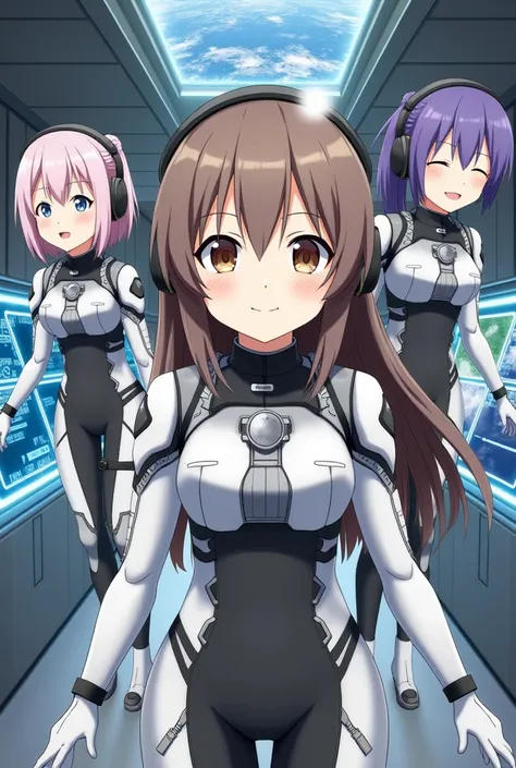 masterpiece:1.4, masterpiece, Highest quality, high resolution, newest, 2girls, friends, (group shot):5, (upper body):5, kyoto animation style, detailed, BREAK space station interior, zero gravity environment, floating, BREAK (white and black mechanical sp...