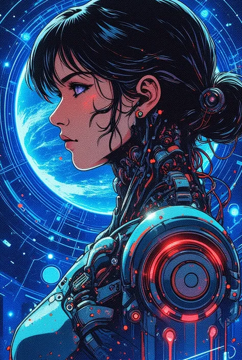 (masterpiece, best illustration,Super detailed),( android woman),(front:2.0),( beautiful face),( beautiful eyes),( is looking over here:2.0),(Serious:2.0),( hair that flutters like:2.0),(The background is a blue hologram with a large blue lattice pattern),...