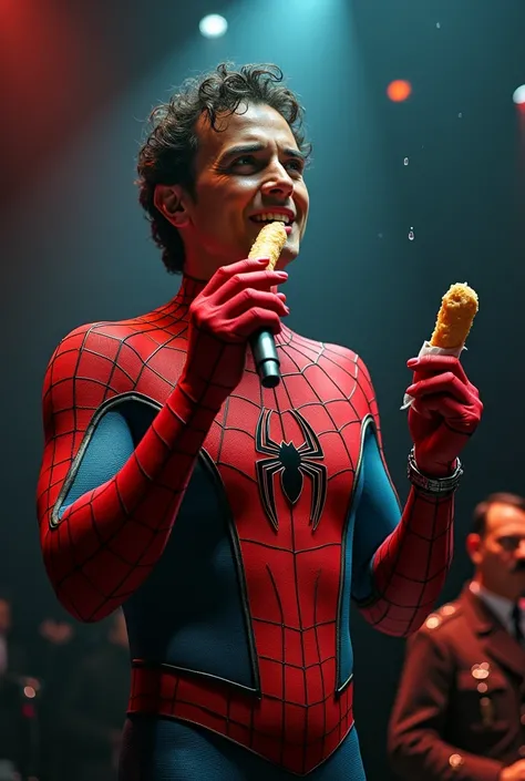 Juan Gabriel singing José José with tears in his eyes and he comes dressed as Spiderman eating a churro with Hitler 