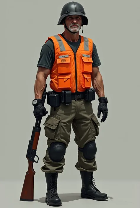 gray toad and panzon ,  malnourished without light brown muscles with orange industrial safety vest and shotgun in hand ,  black boots and black industrial safety helmet with nothing more than the orange industrial safety vest, It should not be a military ...