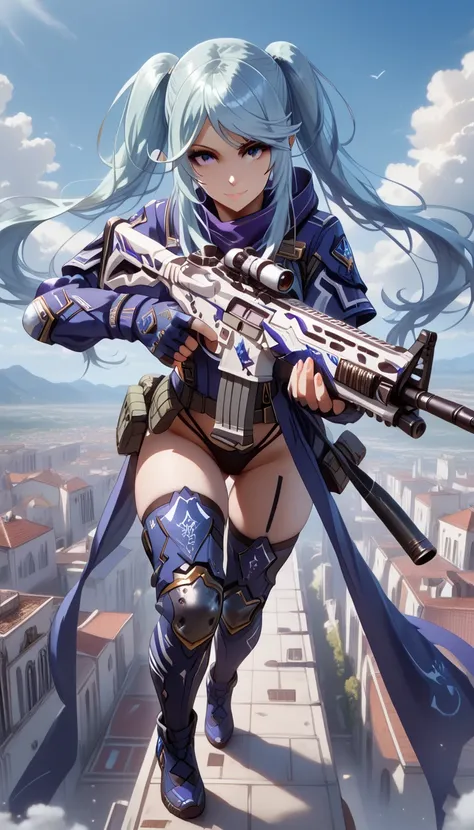 ultra-detailed, 1girl, epsilon, ((masterpiece)), (best quality), (highres), 16K, perfect face, long hair, twintails, blue hair, purple eyes, sidelocks, tactical clothes, tactical belt, black thong, thighhighs, knee pads, busty body, large breasts and a bea...