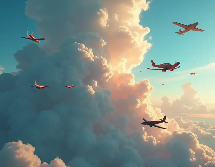 A cloud with several airplanes flying around on top, in the style of detailed fantasy art, nightcore, quiet moments captured in paint, radiant clusters, i cant believe how beautiful this is, detailed character design, dark cyan and light crimson