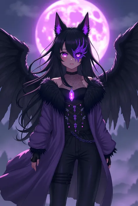  Create me a picture of a girl in anime style , she has long black hair with wolf ears and bright purple eyes . on the right half of the face she is wearing a half black and purple kitsune mask with purple ribbons .She is wearing a medium short purple top ...