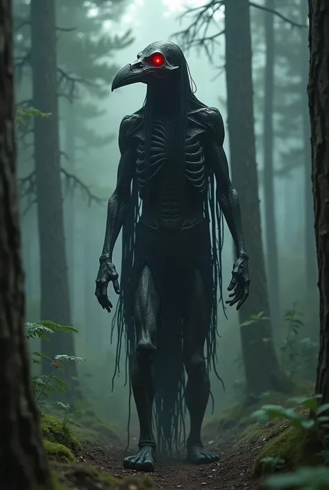 Humanoid, dry black skin, skeletal skin, raven skull head, red light in the eyes, demonic scream, pine forest in the bacckground