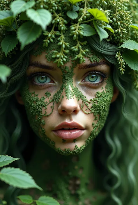  Create the face of a gorgeous forest goddess .  Her face consists entirely of forest .. Her eyes are tears ,  rivers of the magic forest .  She is so beautiful .. .  Her delicate skin consists entirely of plants.

