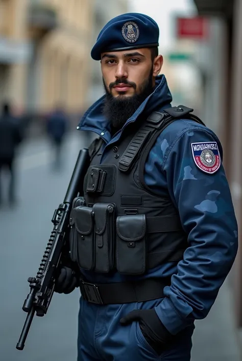  includes  ,  realistic picture, , a young Arab man in a blue camouflage tactical military suit, in black , With a gun at his waist  ,  and a dark blue military cap , Police officer 