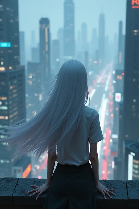 Back view of a white-haired girl looking at a cyberpunk city from a rooftop