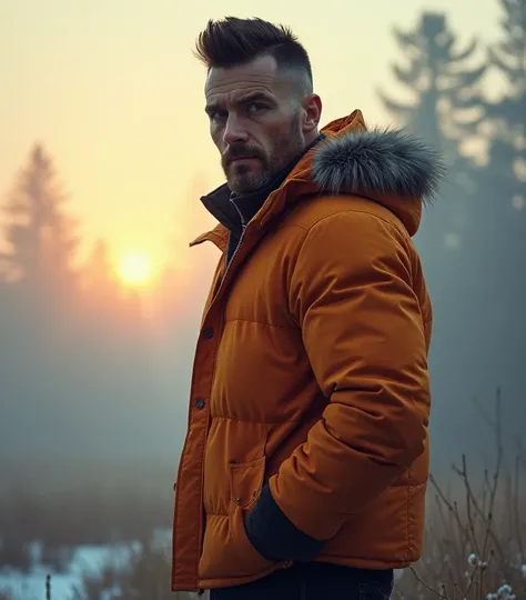 Brutal, handsome man 45 years under cut dark brown hair, wearing bright winter clothes, standing , foggy day, morning sunrise 