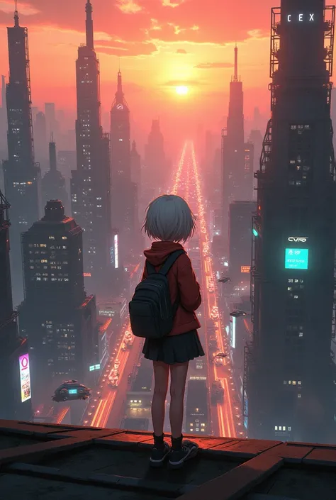 Back view of a short-haired, white-haired girl looking at a cyberpunk city in the evening from the rooftop, view from top to bottom