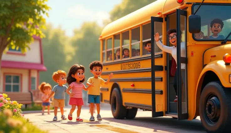  side view of the bus with glossy, smooth doors opening and closing. Bright sunlight streams in as school babies ren climb aboard, waving happily to their parents. The doors have a metallic shine, and the bus driver is waving warmly. The bus stop is lined ...