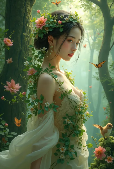 masterpiece, ultra quality, photorealistic ,a beautiful asian woman white skin covered by plants and leaves, super detailed face, front view, full body view, she walking, (green eyes), forest, birds, butterflies, squirrels, owls , flowers, ancient tree