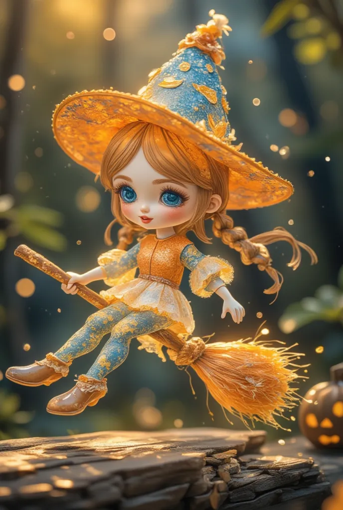  A pumpkin witch made of candy , The pumpkin witch's head shines , A pumpkin witch flying through the sky on a magic broom made of candy,Microscopic Photography ,Halloween atmosphere,Transparent texture,Clear syrup 
