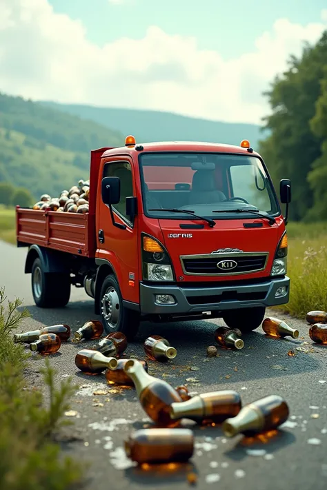 Kia truck that carries bottles and that is on its side