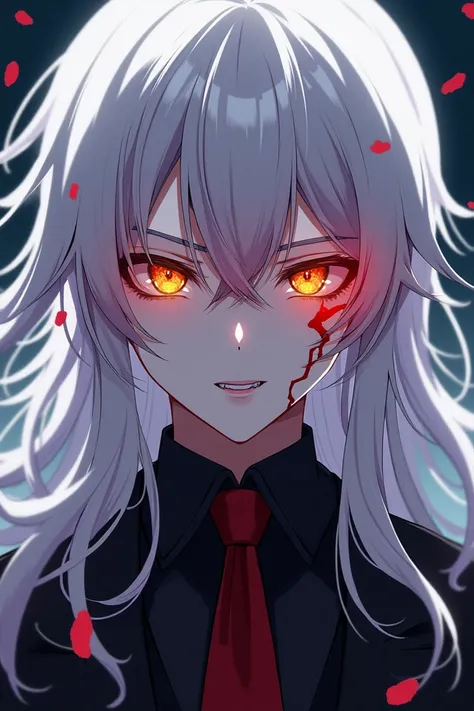 GENDER: male 
Name: moon hishiro
Age: 17
Appearance:white hair with red bangs long and straight
Yellow eyes 
Has a scar on the corner of his mouth 
Has fangs 
A mole below his eye
Personality: serious most of the time, Cicero, loving rarely,  temperamental...