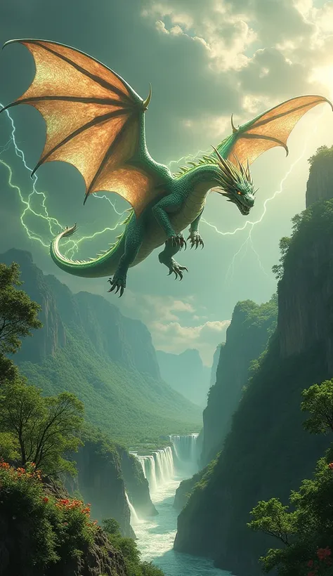 Envision an April-inspired dragon of unparalleled majesty, enormous in scale and radiating fierce power. This dragons scales gleam in shades of opalescent silver and iridescent green, evoking the fresh vitality of spring rains and budding foliage. Its musc...