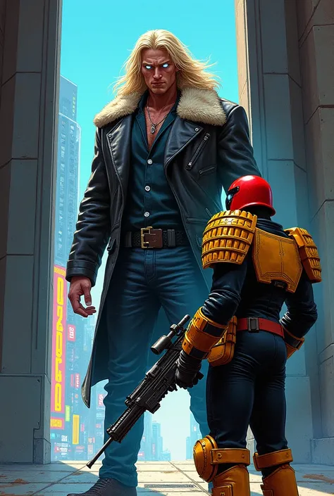   makes a tall and strong man , with long blond hair, The direct robotic eye ,  dressed in a leather jacket with a plush collar .   Going to meet a soldier dressed in a futuristic uniform similar to that of Judge Dredd,  armed with a futuristic rifle .  He...