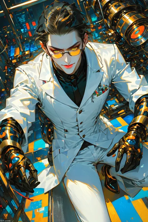 masterpiece, high_quality, distinct_image, laboratory, 1boy, scientist, chemist, Menhera, long_eyelashes, yellow_eyes, glowing_pupils, red_lips, thick_lips, compression_shirt, waistcoat, lowleg_pants, pumps, round_eyewear, latex_gloves, gradient_hair, medi...