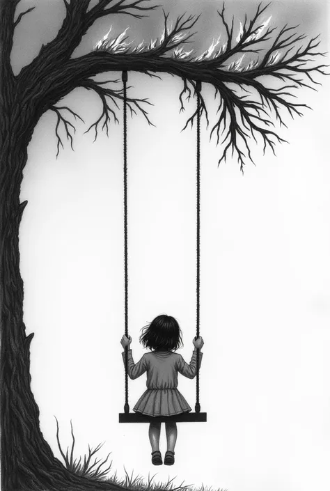 Show me a black n white pencil drawing of a girl on the swing and the swing is attached to a tree but the from where the swing is attached like the branches of tree is on fire symbolising denial 