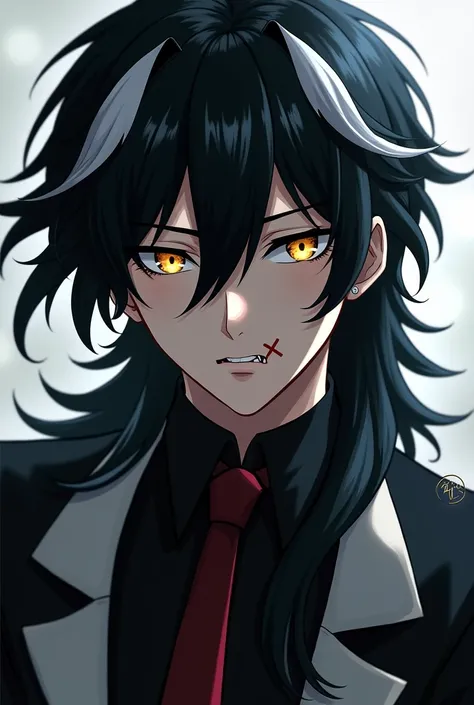 GENDER: male 
Name: moon hishiro
Age: 17
Appearance:Long and smooth black hair with white highlights
Yellow eye 
Theres a scar in the corner of the mouth 
Tem Presas 
A pint under the eye
Personality: serious most of the time, Cicero, loving rarely,  tempe...